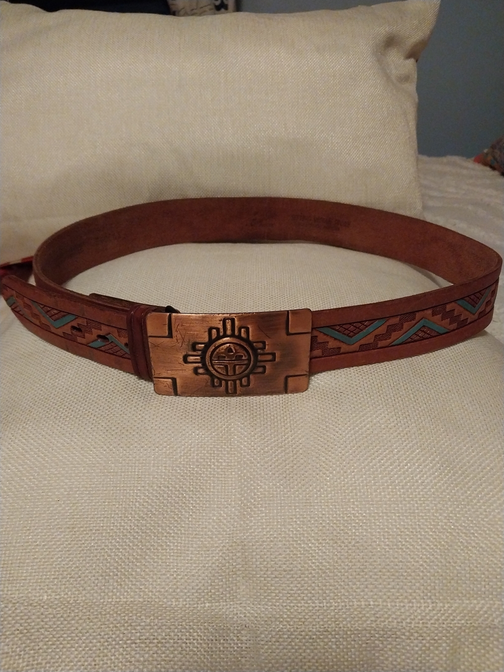 Western-Inspired Brown Leather Belt with Copper Sunburst Buckle